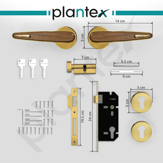 Plantex Premium Main Door Lock with 3 Years Warranty - Mortise Lock Set for Home (PVD Gold & Wood Finish)