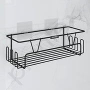 Plantex GI Steel Adhesive Shelf for Bathroom Wall/Self Adhesive Shelf for Kitchen with Side Hooks to Hang Loofah for Bathing/Bathroom Organiser - Black, Powder Coated