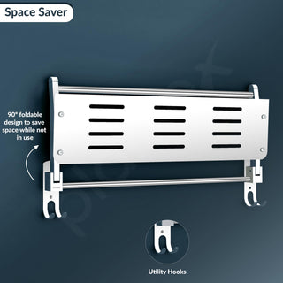 Plantex Elegant Stainless Steel Multipurpose Folding Bathroom Shelf/Towel Rack with Towel Hooks/Bathroom Accessories - Wall Mount (Chrome)