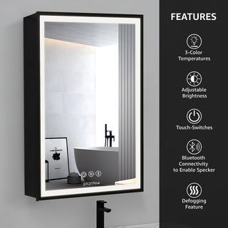 Plantex LED Mirror Cabinet for Bathroom with Defogger and Bluetooth/Bathroom Storage Organizer/Shelf/Bathroom Accessories - 20x28 Inch, Black