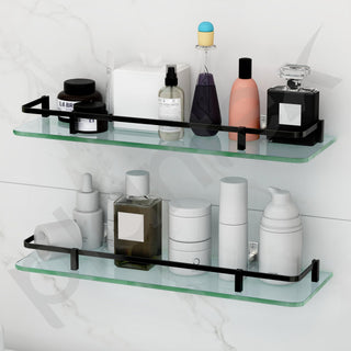 Plantex Shelf for Bathroom/Frosted Glass Shelf with Brass Railing and Brackets/Wall Mount Shelf for Living Room/Kitchen - Pack of 2 (18 x 6 inch, Black)