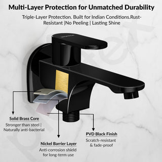 Plantex Pure Brass Two Way Bib Cock Taps with Water Saving Nozzle/Compatible for Washing Machine/2 in 1 Bib Tap with Brass Wall Flange and Teflon Tape - 7 Year Warranty by Plantex-(PVD Black)