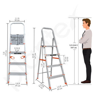 Plantex Legend 4 Step Ladder for Home/Anti-Slip Steps/Easy to Fold Aluminium Ladder/Capacity Upto 150 kg (Orange-Silver)