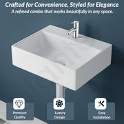 Plantex Ceramic Basin with Stainless Steel Pillar Cock/Wall Hung Basin/Deck Mount Tap/Basin for Bathroom - (Cubic - Combo)