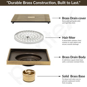 Plantex Solid Brass Floor Drain/Shower Drain/Bathroom Floor Drain with Cockroach Trap/Kitchen- (Brass Antique, 5 x 5 Inches)