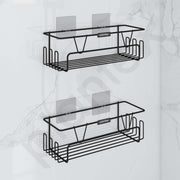 Plantex Bathroom Organiser Without Drill/Shelf for Wall Adhesive Black/GI Steel Shelf for Bathroom with Side Hooks/Washroom Accessories Set - Powder Coated (Pack of 2)