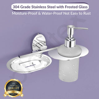 Plantex Soap Holder with Liquid Soap Dispenser/304 Grade Stainless Steel Soap Dish/Shampoo Dispenser/Soap Case/Handwash Dispenser/Bathroom Accessories - (Olive - Chrome)