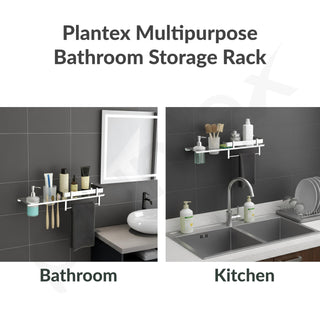 Plantex Stainless Steel 4in1 Multipurpose Bathroom Shelf/Bathroom Steel Rack with Tumbler Holder, Towel Rod and Liquid Soap Dispenser Chrome (18x5 inches)