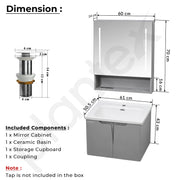 Plantex Wall Mount Vanity Cabinet with Washbasin and Mirror/Rectangular Basin with Cabinet for Bathroom - (Lara - 600, Grey)