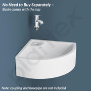 Plantex Ceramic Basin with Stainless Steel Pillar Cock/Wall Hung Basin/Deck Mount Tap/Corner Basin for Bathroom - (Cornia - Combo)