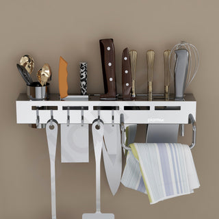 Plantex Multifunctional Stainless Steel Kitchen Cutlery Organizer/Knife Holder/Cutlery Stand/Spatula-Ladle Holder with Adjustable Hooks and Towel Hanger (Chrome)