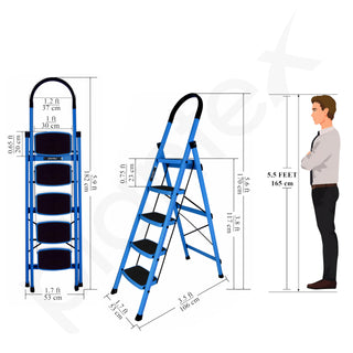 Plantex Ladder for Home - Premium Steel Foldable 5-Step Ladder - Anti Skid Strong Steps with 5 Years Manufacturer Warranty (Blue & Black)