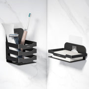 Plantex Self Adhesive Soap Dish with Tumbler Holder/Stainless Steel Soap Holder/Tooth Brush Stand for Bathroom Accessories (Black, Combo)
