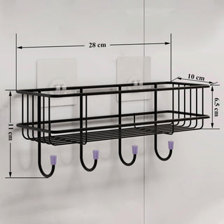 Plantex Multipurpose Bathroom Organiser Without Drill/GI Steel Self-Adhesive Shelf/Wall Mounted Shelf for Bathroom with Hooks- Pack of 2 (Black,Powder Coated)