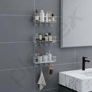 Plantex Stainless Steel Self Adhesive Shelf/Multipurpose Bathroom Shelf with Hooks/Towel Holder/Rack/Bathroom Accessories Set/Bathroom Organiser Without Drill - Pack of 3 (Chrome)