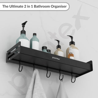 Plantex Multipurpose Aluminium Bathroom Wall Shelf/Bathroom Shelf Rack with Movable Hooks/Bathroom Accessories Set/Shelf for Bathrooms/Kitchen Organiser -(Black)