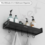 Plantex Multipurpose Aluminium Bathroom Wall Shelf / Bathroom Shelf Rack With Movable Hooks / Bathroom Accessories Set / Shelf for Bathrooms / Kitchen Organiser -(Black)