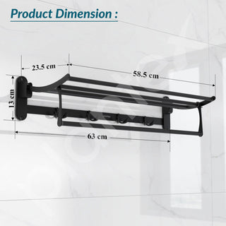 Plantex Stailness Steel Folding Towel Rack for Bathroom/Towel Rod with Hooks/Towel Stand/Towel Holder/Bathroom Accessories (24 inch) Matt Black