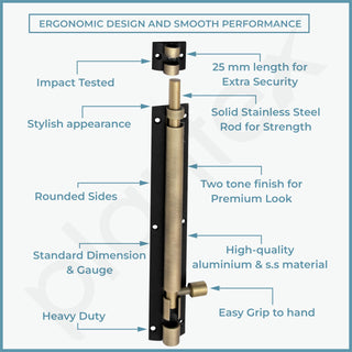 Plantex Heavy Duty 8-inch Joint-Less Tower Bolt for Wooden and PVC Doors for Home Main Door/Bathroom/Windows/Wardrobe - Pack of 8 (703, Brass Antique and Black)