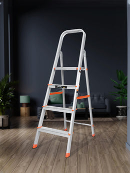 Plantex Legend 4 Step Ladder for Home/Anti-Slip Steps/Easy to Fold Aluminium Ladder/Capacity Upto 150 kg (Orange-Silver)