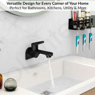 Plantex Pure Brass ORN-202 Long Body Bib Cock for Bathroom with Water Saving Aerator/Wall Mount BibTap with Wall Flange for Bathroom-7 Year Warranty (PVD Black)