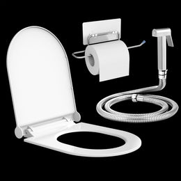 Plantex Hygienic Toilet Combo/Polypropylene Toilet Seat Cover / Self Adhesive Toilet paper holder/D- Shape Health Faucet Set with 1.20 meter hose Pipe for Toilet and Clamp (Chrome)