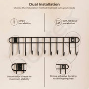 Plantex Hook Rail/GI Steel Hooks for Wall Without Drilling/Self Adhesive Hook Rail for Clothes/Towel - Pack of 1 (11 Hooks, Black)