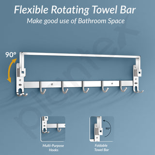 Plantex Stainless Steel Folding Towel Rod with Hooks/Towel Rack for Bathroom/24 Inch Towel Bar/Hanger/Stand/Bathroom Accessories - Pack of 1 (Chrome)