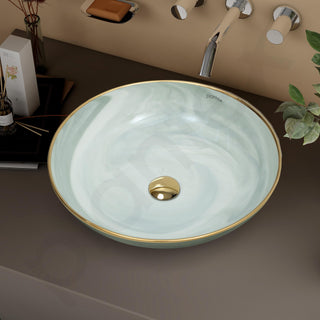Plantex Wash Basin/Ceramic Table Top Wash Basin/Designer Countertop Basin for Bathroom/Restaurants/Hotel (Mint green & Gold - 16.5 x 16.5 x 4 Inch)