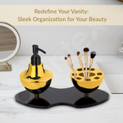 Plantex Liquid Soap Dispenser with Tumbler Holder for Bathroom/Stainless Steel and Acrylic 2 in 1 Shampoo Dispenser with Toothpaste Holder/Bathroom Accessories - Pack of 1 (Gold & Black)