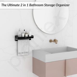 Plantex Aluminium Multipurpose Bathroom Shelf with Towel Rod with Movable Hooks/Bathroom Shelf Rack/Organizer for Bathroom Accessories - Wall Mount (Black)