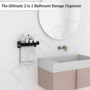 Plantex Aluminium Multipurpose Bathroom Shelf with Towel Rod with Movable Hooks/Bathroom Shelf Rack/Organizer for Bathroom Accessories - Wall Mount (Black)