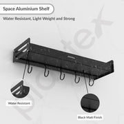 Plantex Multipurpose Aluminium Bathroom Wall Shelf / Bathroom Shelf Rack With Movable Hooks / Bathroom Accessories Set / Shelf for Bathrooms / Kitchen Organiser -(Black)