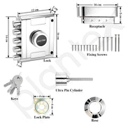 Plantex Main Door Deadbolt Lock Five Bullets/Stainless Steel Penta bolt/Door Lock Set with 4 Pin Cylindrical Keys with 5 Years of Warranty (Matt)