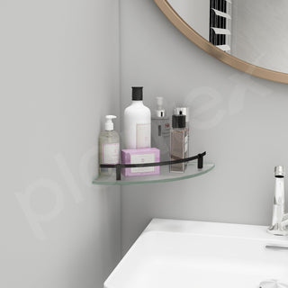 Plantex Frosted Corner Glass Shelf for Bathroom/Kitchen, Wall Mounted With Black Railings and Brackets - Premium Bathroom Accessory (9x9 Inches, Pack of 1)