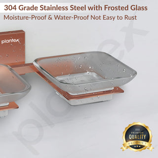 Plantex 304 Grade Stainless Steel Frosted Glass Double Soap Holder/Soap Stand/Dual Soap Dish for Bathroom/Bathroom Accessories - Pack of 1 (Crystal, PVD Rose Gold)