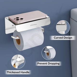 Plantex Platinum Stainless Steel 304 Grade Toilet Paper Holder/Toilet Paper Roll Holder with Mobile Stand/Toilet Paper Roll Holder Stand/Bathroom Accessories (Chrome)