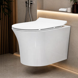 Plantex Platinum Ceramic Rimless Wall Mounted Commode/P Trap Washdown Flush Commode with Soft Close Toilet Seat Cover ( White )