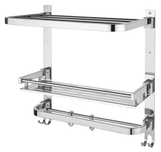 Plantex Folding Bathroom Shelf for Wall/304 Grade Stainless Steel Shelf for Bathroom with Hooks and Towel Rod/Rack/Premium Multipurpose Organizer (3-Tier, Chrome)
