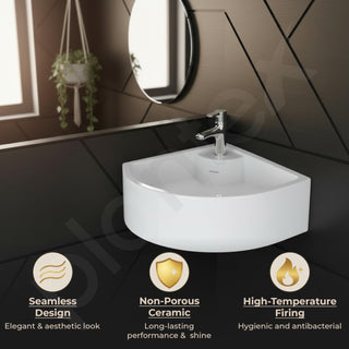 Plantex White Ceramic Corner Washbasin/Wall Mount Basin for Bathroom/Wall Hung Wash Basin/Small Corner Sink/10 Years Glaze Warranty by Plantex (Cornia - 16 x 16 x 10 Inch)
