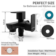 Plantex Two Way Tap for Washing Machine/Quarter Turn 2 in 1 Bib Cock/Wash Basin tap with Teflon Tape and Wall Flange/2 Way Bathroom Tap with Brass Spindle -(Saga-Black)