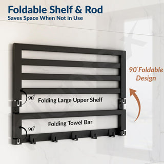 Plantex Folding Towel Rack with Towel Rod and Hooks for Bathroom/24 Inch Aluminium Towel Hanger/Towel Stand/Towel Rod/Bathroom Accessories - Pack of 1 (Black, 6900)