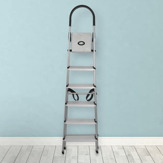 Plantex Wonder Aluminium Step Folding Ladder 6 Step for Home with Advanced Locking System - Anti Slip 6 Step Ladder (Silver & Black)