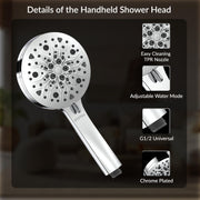 Plantex Abs Hand Shower For Bathroom/5 Inch Round Multi-Function 8 Mode Shower Hand/Hand Shower Set With 1.5 Meter Flexible Tube Pipe With Self Adhesive Bracket - (Chrome)