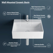 Plantex Ceramic Basin with Stainless Steel Pillar Cock/Wall Hung Basin/Deck Mount Tap/Basin for Bathroom - (Cubic - Combo)