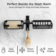 Plantex Dual Soap Dish for Bathroom/Aluminium Double Soap Holder with Hook/Soap Stand/Case for Basin/Bathroom Accessories - Pack of 1 (Black)