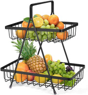 Plantex High Grade Steel 2-Tier Fruit & Vegetable Basket, Countertop Tiered Shelf for Dining Table/Kitchen (Black)