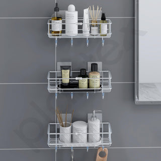 Plantex Stainless Steel Self Adhesive Shelf/Multipurpose Bathroom Shelf with Hooks/Towel Holder/Rack/Bathroom Accessories Set/Bathroom Organiser Without Drill - Pack of 3 (Chrome)