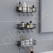 Plantex Drill Free Bathroom Shelf for Wall/Self Adhesive Shelf for Kitchen with Hooks & Magic Sticker/Bathroom Accessories Set - GI Steel (Pack of 3)