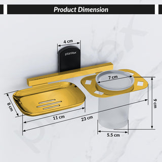 Plantex 304 Grade Stainless Steel 2 in1 Soap Dish with Tumbler Holder/Soap Stand/Tooth Brush Holder for Bathroom/Bathroom Accessories - Parv (Gold & Black)
